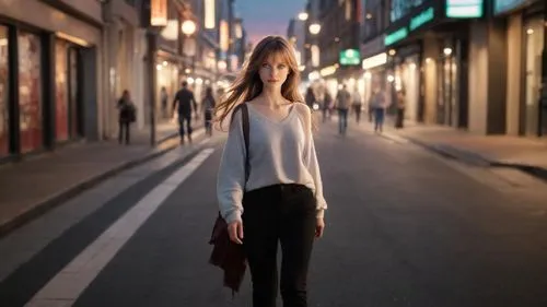  young woman walks through urban street, casual urban streetwear, sundown, evening,girl walking away,woman walking,girl in a long,pedestrian,a pedestrian,fashion street,ampt,pedestrian zone,city ​​por