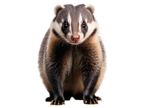 European badger, solo, nocturnal, detailed fur texture, distinctive white stripes on forehead, black eyes, pink nose, standing on hind legs, front paws clasped together, naturalistic, soft moonlight, 