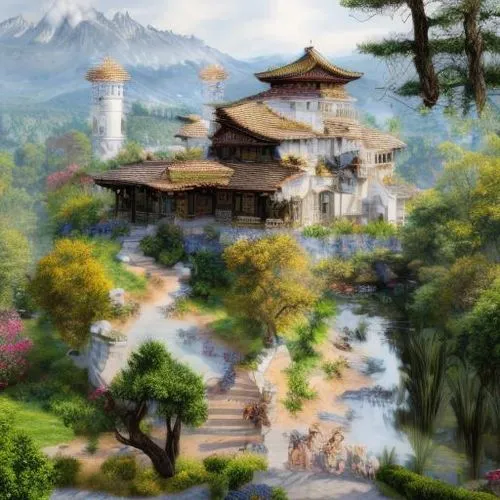 oriental painting,world digital painting,asian architecture,lijiang,wudang,the golden pavilion,palyul,shannxi,tianxia,golden pavilion,teahouses,qingming,yunnan,yiping,fantasy landscape,fantasy picture,qingcheng,wulin,huanglong,japan landscape,Realistic,Foods,None