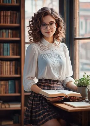 librarian,reading glasses,secretarial,headmistress,schoolmistress,bibliophile,bookworm,schoolteacher,girl studying,scholarly,librarians,bibliographer,book glasses,nerdy,librarianship,school skirt,scholar,studious,tutor,correspondence courses,Illustration,Abstract Fantasy,Abstract Fantasy 07