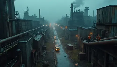 Industrial area, urban landscape, evening time, misty atmosphere, abandoned factory, rusty metal pipes, concrete walls, dim streetlights, worn-out roads, old warehouses, cargo containers, cranes, chim