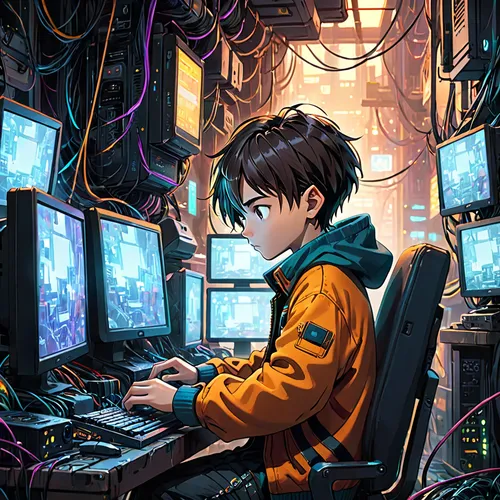 cyber,cyberspace,computer,coder,cyberpunk,sci fiction illustration,game illustration,computer game,man with a computer,game addiction,computer room,virtual world,scifi,computer addiction,computer freak,cybernetics,hacking,computing,laboratory,hardware programmer,Anime,Anime,General