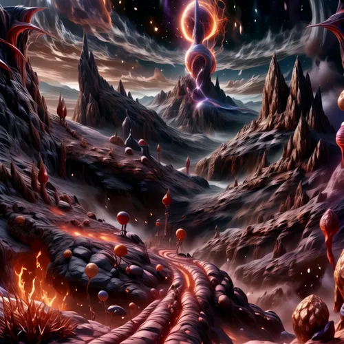 fantasy landscape,fantasy picture,fantasy art,nine-tailed,fire background,the mystical path,fire planet,embers,maelstrom,volcanic field,scorched earth,volcanic landscape,burning earth,mushroom landscape,christmas landscape,3d fantasy,valley of death,pillar of fire,heaven and hell,forest fire