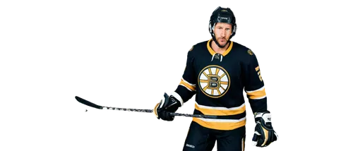 Boston Bruins hockey player, male, athletic build, helmet, face mask, black and gold jersey, hockey stick, gloves, shin guards, skates, determined facial expression, intense eyes, sweaty forehead, dim