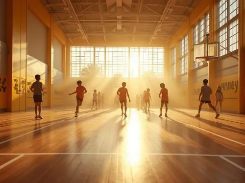 Golden gymnasium, morning light, bright ambiance, modern architecture, high ceiling, wooden floor, basketball court, rows of sports equipment, golden accents on walls and pillars, motivational quotes 