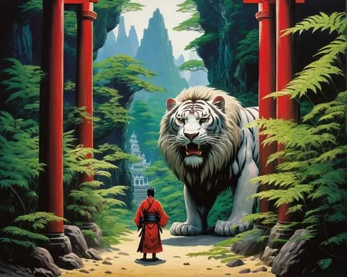 a majestic samurai roams the ancient Japanese enchanted land, surrounded by towering stone walls and towering lions. Its white fur is deep red with white stripes, and its large eyes fixate on a small 