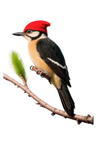 Woodpecker, bird, solo, perched, green feathers, red cap, black back, white belly, strong beak, claws grasping branch, vibrant eyes, morning sunlight, soft focus, shallow depth of field, warm color to