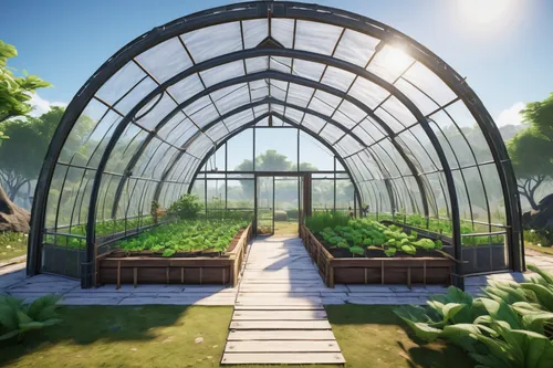 greenhouse construction, Ark survival game, character building, transparent glass panels, metal framework, efficient layout, crop plots, irrigation system, water reservoir, seedlings, lush vegetation,