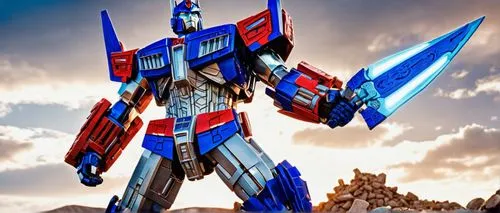 Cybertron leader Optimus Prime, heroic pose, strong muscular body, iconic red and blue truck mode, shiny metallic surface, detailed mechanical parts, glowing blue eyes, determined facial expression, h