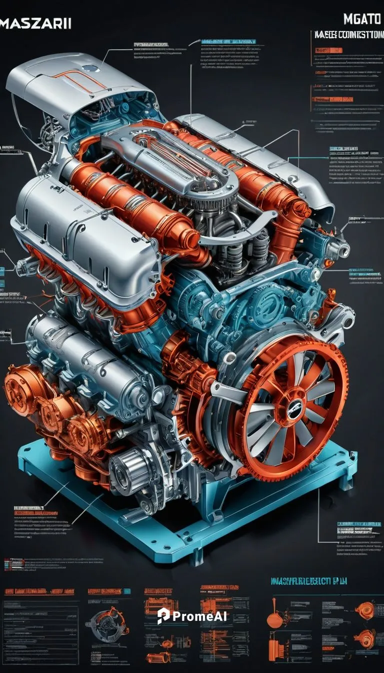 an industrial design sketch of a beautiful Maserati A6 G/54 Zagato engine (construction plan),  alien advanced concept model, futuristic style with all the data related to its construction, very detai