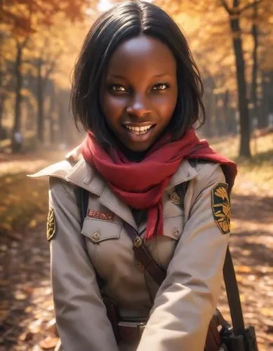 The woman with a friendly smile gazes longingly into the lush forest that surrounds her. Her sweet autumn spirit is illuminated as she captures the moment with a camera, a golden hour lighting, close-