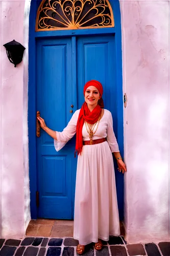 Greek traditional house, whitewashed walls, blue windows, red roof tiles, ornate door, narrow cobblestone street, mature lady, traditional dress, headscarf, golden jewelry, warm smile, hands clasped t