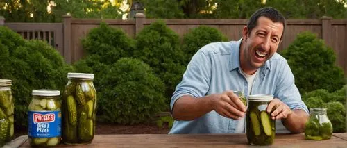 Adam Sandler, comedic actor, casual, relaxed, messy brown hair, goofy expression, white shirt, blue denim jeans, sneakers, holding a giant jar of pickles, transparent glass, green pickle juice, wooden