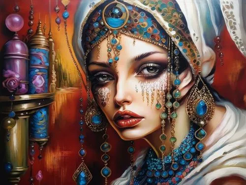 boho art,oil painting on canvas,radha,priestess,fantasy art,cleopatra,gypsy soul,arabian,gypsy,oriental girl,indian art,mystical portrait of a girl,fortune teller,oil painting,art painting,girl in cloth,fantasy portrait,italian painter,graffiti art,indian woman,Illustration,Paper based,Paper Based 04