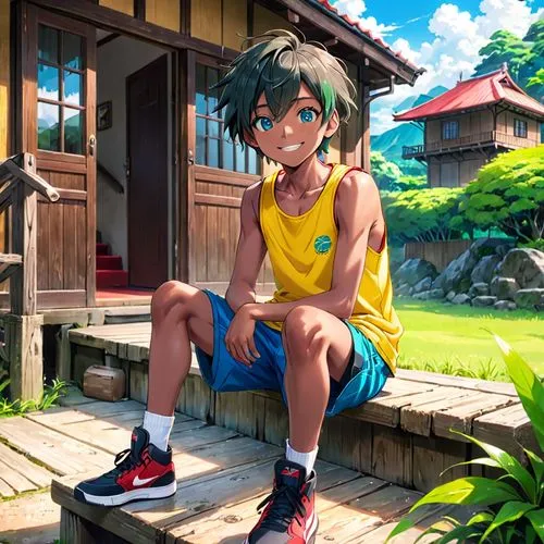 2d,summer day,summer clothing,summer background,green summer,anime boy,kayano,sneaker,sneakers,trainers,kids illustration,summer,world digital painting,park bench,holding shoes,digital painting,summer icons,kicks,summer items,tinker,Anime,Anime,General