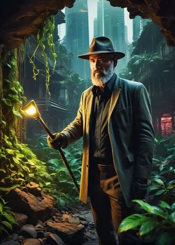 indiana jones,paleobotanist,eldershaw,hilbert,ethnobotanist,biologist,farmer in the woods,tropico,man holding gun and light,darwin,archaeologist,spelunker,jumanji,game illustration,the wanderer,logan,django,explorer,spielberg,archeologist,Conceptual Art,Graffiti Art,Graffiti Art 01