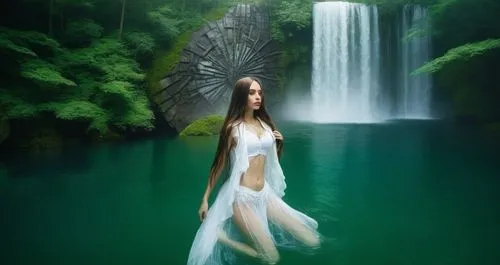 beautiful lady swimming, long hair , white vest in the water, wide view with waterfalls and green forest abanding,a girl is in the water next to a waterfall,naiad,green waterfall,water fall,waterfall,