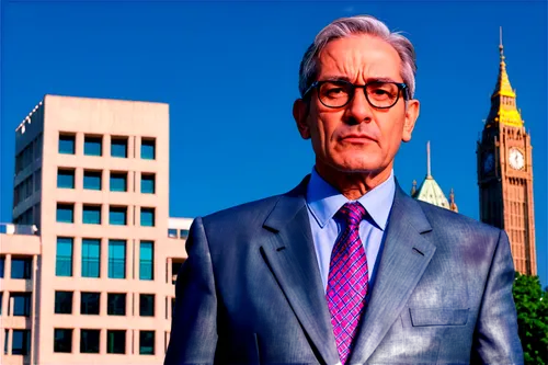 Mature politician, suit and tie, serious facial expression, gray hair, glasses, wrinkles on forehead, strong jawline, standing with confidence, hands behind back, parliament building background, natur