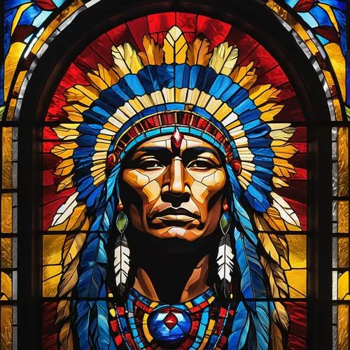 glowing stained glass window, native american, peyote,  crazy horse, red, blue, yellow, black,tecumseh,warbonnet,ndn,lakota,potawatomi,stained glass,stained glass window,war bonnet,apache,meskwaki,hid