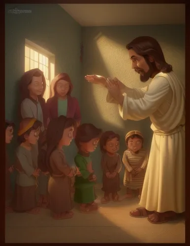 jesus praying in a house for several children and three women, draw in cartoon style,church painting,jesus child,benediction of god the father,blessing of children,merciful father,son of god,jesus chr