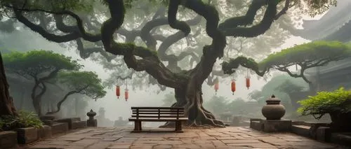 chinese temple,hanging temple,world digital painting,chinese art,fantasy landscape,bodhi tree,the japanese tree,the mystical path,buddhist temple,white temple,silk tree,hanoi,foggy landscape,buddhists monks,foggy forest,dragon tree,xing yi quan,hall of supreme harmony,forest landscape,pathway,Illustration,Japanese style,Japanese Style 06