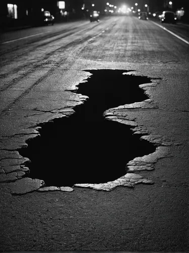 Write a thrilling story about a pothole-filled road surface at night,pot hole,road surface,asphalt,bad road,puddle,spills,earthquake,earth quake,paved,oil drop,bitumen,oil track,roads,sinkhole,pavemen