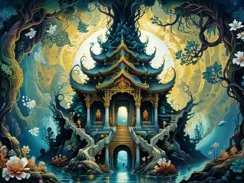 amazing fractal,an artistic scene of an oriental building in the woods,fairy house,fairy village,shambhala,fairy world,sanctum,bird kingdom,fantasy picture,wishing well,fairy forest,fractal environmen