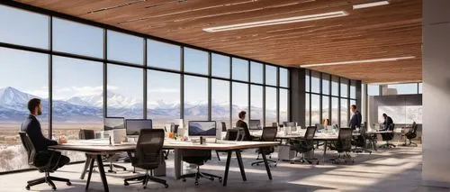 Modern architecture firm, Utah, mountainous background, glass building, sleek lines, minimalist interior, wooden accents, large windows, natural light pouring in, busy office atmosphere, designers wor