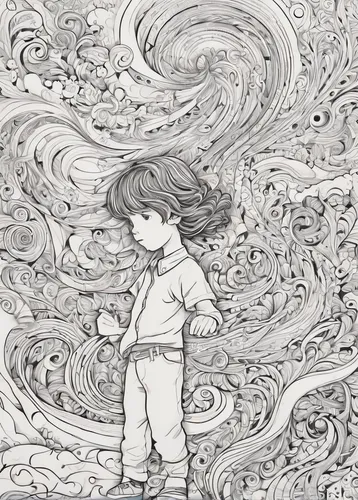 little girl in wind,swirling,paper clouds,wind wave,cosmos wind,winds,wind,gaia,saturn,wind machine,exploration,turbulence,cosmos field,gravity,swirls,puddle,hand-drawn illustration,chalk drawing,kids illustration,pollution,Illustration,Black and White,Black and White 05