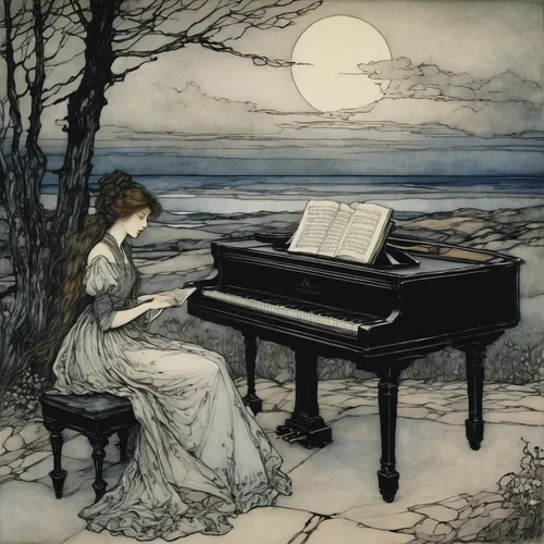 the piano,concerto for piano,piano player,kate greenaway,spinet,pianist,pianet,piano,chopin,piano notes,piano lesson,arthur rackham,piano books,clavichord,fortepiano,woman playing,play piano,harpsichord,composer,pianos,Illustration,Retro,Retro 25