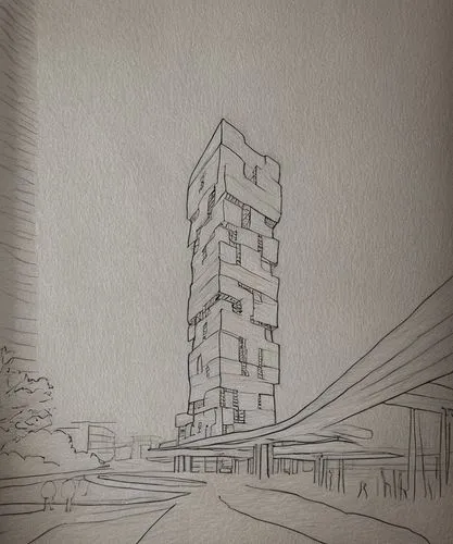 MAKE IT MORE SKITCHY AND RANDOM THIN LINE,a drawing of a tall building on a street,edificio,bjarke,tschumi,unbuilt,residential tower,corbu,Design Sketch,Design Sketch,Pencil