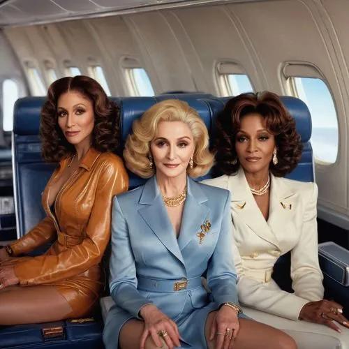 The first three passenger  seats of a Boeing 707 with iconic pop stars Cher on the left, Madonna in the middle, and Whitney Houston on the right, all women are 23 years old,stewardesses,braniff,stewar