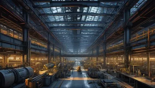 Industrial IoT Architecture, modern futuristic factory, metallic structures, steel beams, exposed pipes, industrial machinery, robotic arms, sensors, microchips, circuit boards, wires, valves, control