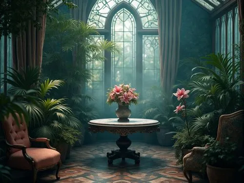 conservatory,victorian room,houseplants,dandelion hall,ornate room,alcove,victorian,floral corner,sitting room,sunroom,indoor,winter garden,greenhouse,terrarium,sanctuary,indoors,floral chair,interiors,flora,victoriana,Photography,General,Realistic