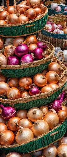 Imagine a bustling market scene where vendors display vibrant baskets of onions, symbolizing abundance and prosperity.,onion bulbs,market vegetables,bulgarian onion,still life with onions,garlic bulbs