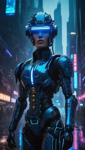 Cyberpunk cityscape, Borg-inspired robotic character, glowing blue circuits, mechanical limbs, futuristic helmet with visor, intricate metallic details, neon lights reflecting off wet pavement, toweri