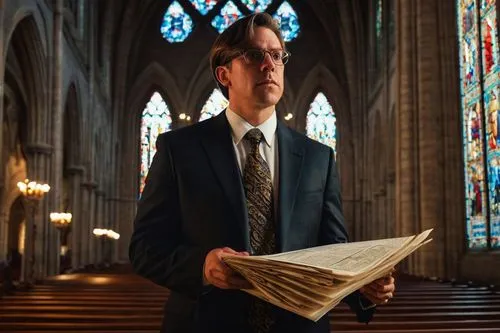 Middle-aged, male, bespectacled, short brown hair, suit, tie, holding blueprints, standing, inside, grand cathedral, stained glass windows, intricate stone carvings, Gothic arches, ornate pews, soft w