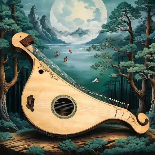 bouzouki,bouzoubaa,mandolin,painted guitar,theorbo,ocarina,Illustration,Black and White,Black and White 07