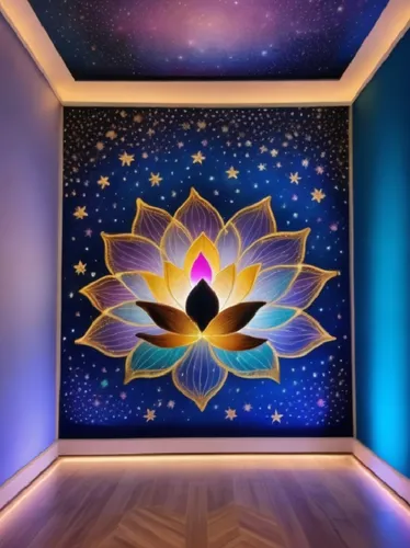 The bright points on the vertical line shine and sparkle. Many blue fireflies flutter around the central figure. Stars emerge from the wall and approach the observer.,a room decorated in colors and ha