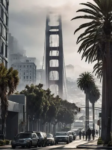 Bay Area modern architecture, futuristic skyscraper, glass and steel structure, reflective windows, rooftop garden, San Francisco cityscape, foggy morning, warm sunlight, dramatic clouds, distant Gold