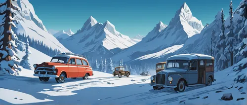 Transport the viewers to the enigmatic Dyatlov Pass with a captivating photo,vwbus,christmas caravan,winter trip,snow scene,travel trailer poster,winter service,motorhomes,vanagon,mountain huts,camper