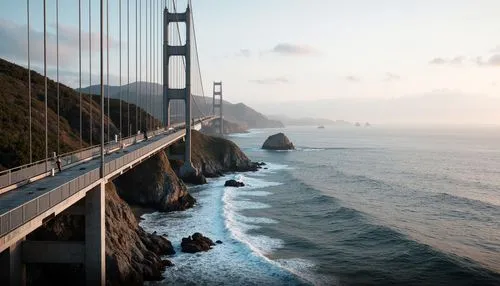 Scenic coastal bridge, gentle ocean waves, salty sea air, rugged cliffside, weathered wooden piers, steel suspension cables, modern minimalist architecture, sleek curved lines, nautical-themed railing