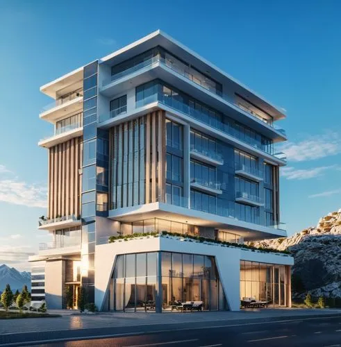 a modern looking apartment building in a large mountain range,largest hotel in dubai,fresnaye,penthouses,habtoor,damac,rotana,Photography,General,Realistic