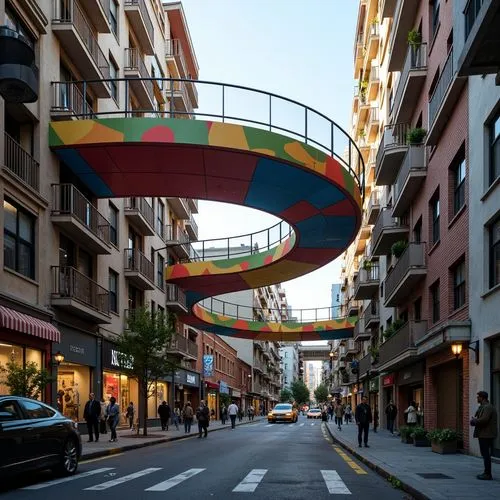 Curved pedestrian bridge, irregular shapes, fragmented forms, bold colors, playful textures, abstract patterns, futuristic materials, sleek metal railings, dynamic lighting systems, urban cityscape, b