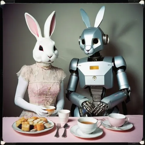 tea party, multiple robots, female robot, robot body, rainbow skin, anthropomorphic rabbit, female rabbit, rabbit face, rabbit tail,  metal tail, animal head, visible metal head, visible mechanisms, c