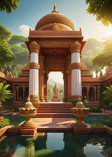 Ancient Indian temple-inspired architecture, intricate carvings, ornate pillars, grand entrance gate, Ram's statue, golden domes, red sandstone walls, white marble floors, lush green gardens, tranquil