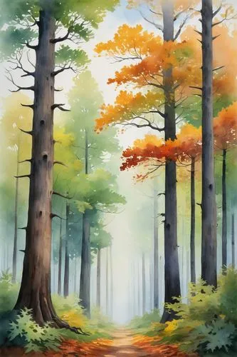 Tall trees, dense foliage, various species (oak, pine, maple), different shapes (columnar, spreading, weeping), vibrant green leaves, some with autumn colors, branches stretching towards the sky, root