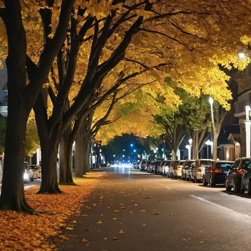 trees line a street with parked cars and parked cars on both sides, autumn night, lights are on down the street, night time footage, street at night, 4 0 9 6, dusk on a city street, maple trees along 