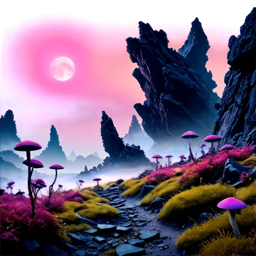 mushroom landscape,futuristic landscape,purple landscape,fantasy landscape,alien planet,mushroom island,alien world,virtual landscape,dune landscape,lunar landscape,cartoon video game background,volcanic landscape,desert landscape,swampy landscape,an island far away landscape,desert desert landscape,planet alien sky,microworlds,desert planet,cartoon forest,Illustration,Retro,Retro 19