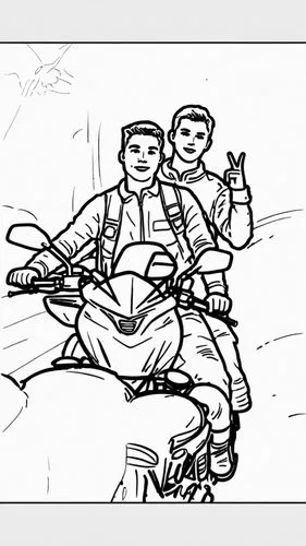 creat a sketch like original. from photo.two man. bike.realistic.,storyboard,storyboarding,storyboarded,coloring page,mono-line line art,coloring pages,coloring pages kids,flatpicking,inking,animatic,